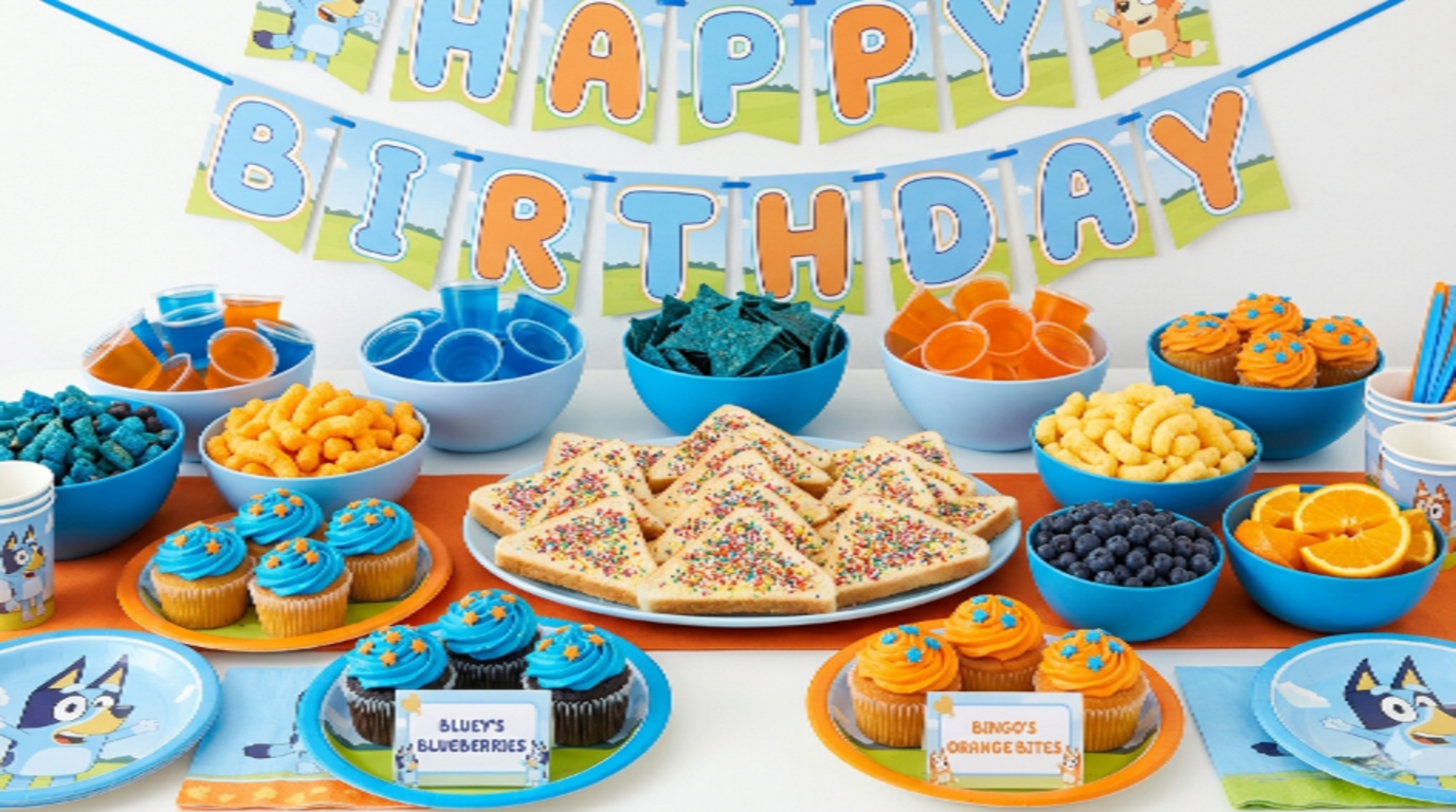 Bluey birthday party food ideas including fairy bread and blue and orange themed snacks